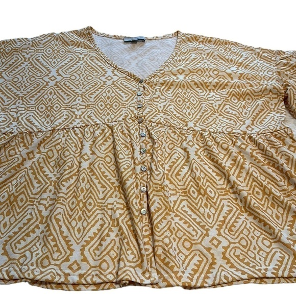 Luukse Button-Front V-Neck Peplum Top Yellow & White Abstract- Size 3X - Picture 4 of 9